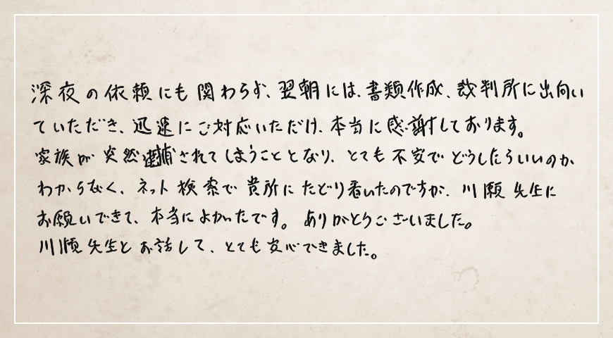 深夜の依頼にも関わらず翌朝には書類作成、裁判所に出向いていただき迅速にご対応いただけ本当に感謝しております。